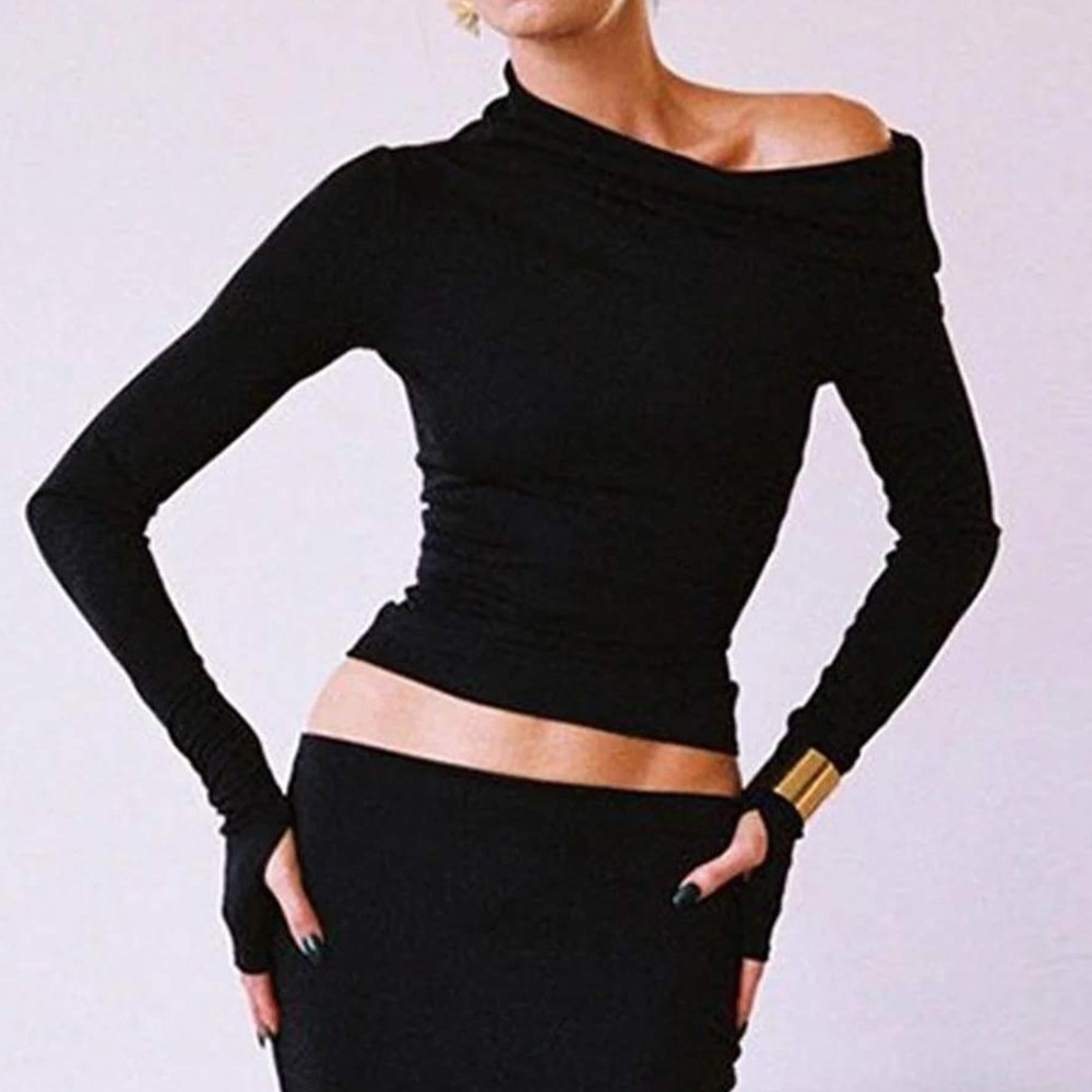 COMMENSE Black Asymmetric One Shoulder Long Sleeve Thumbhole Top Women Large